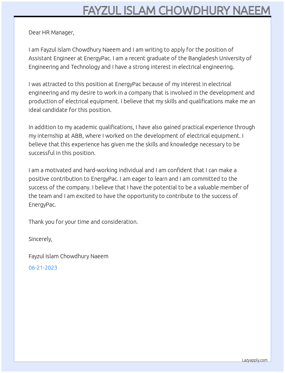 Assistant Engineer At EnergyPac Cover Letter
