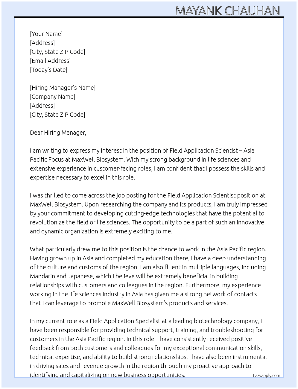 Field Application Scientist – Asia Pacific Focus (100%) At -MaxWell Biosystem Cover Letter