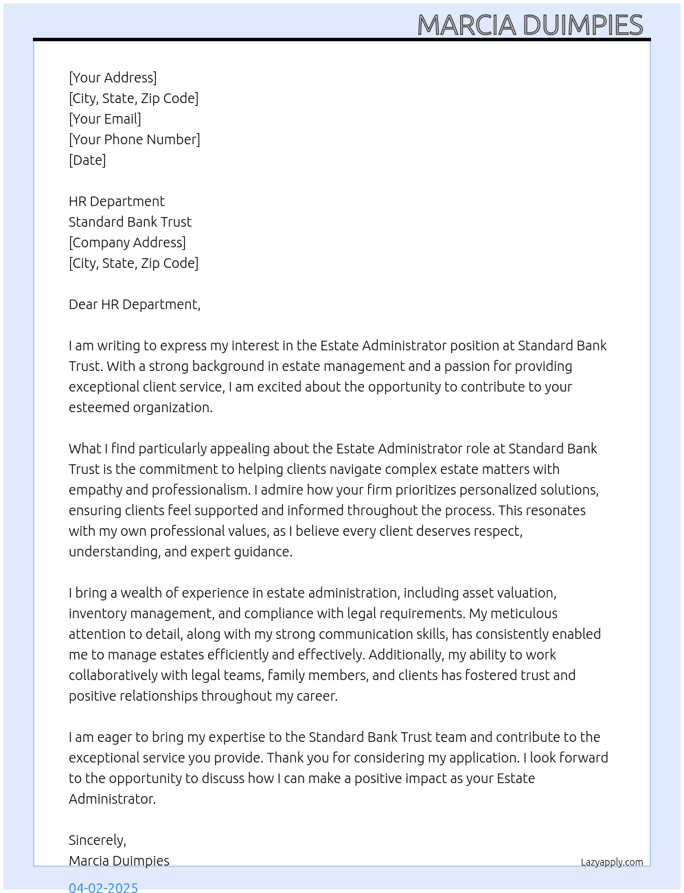 Cover letter for estate administrator - LazyApply