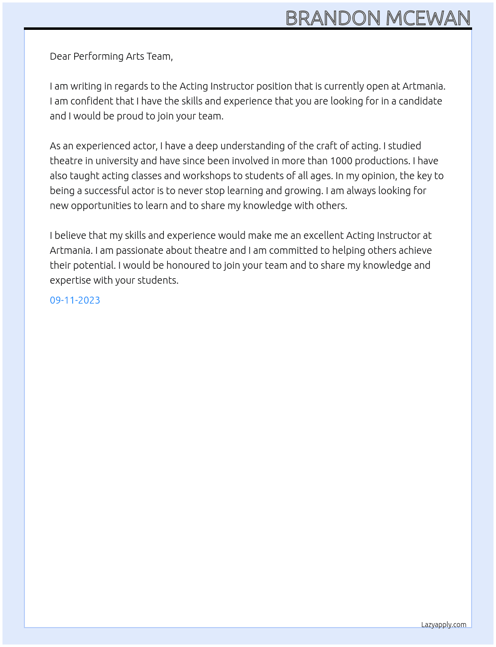 Acting Instructor At Artmania Cover Letter