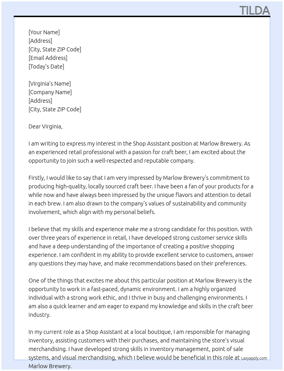 Shop Assistant At Marlow Brewery Cover Letter