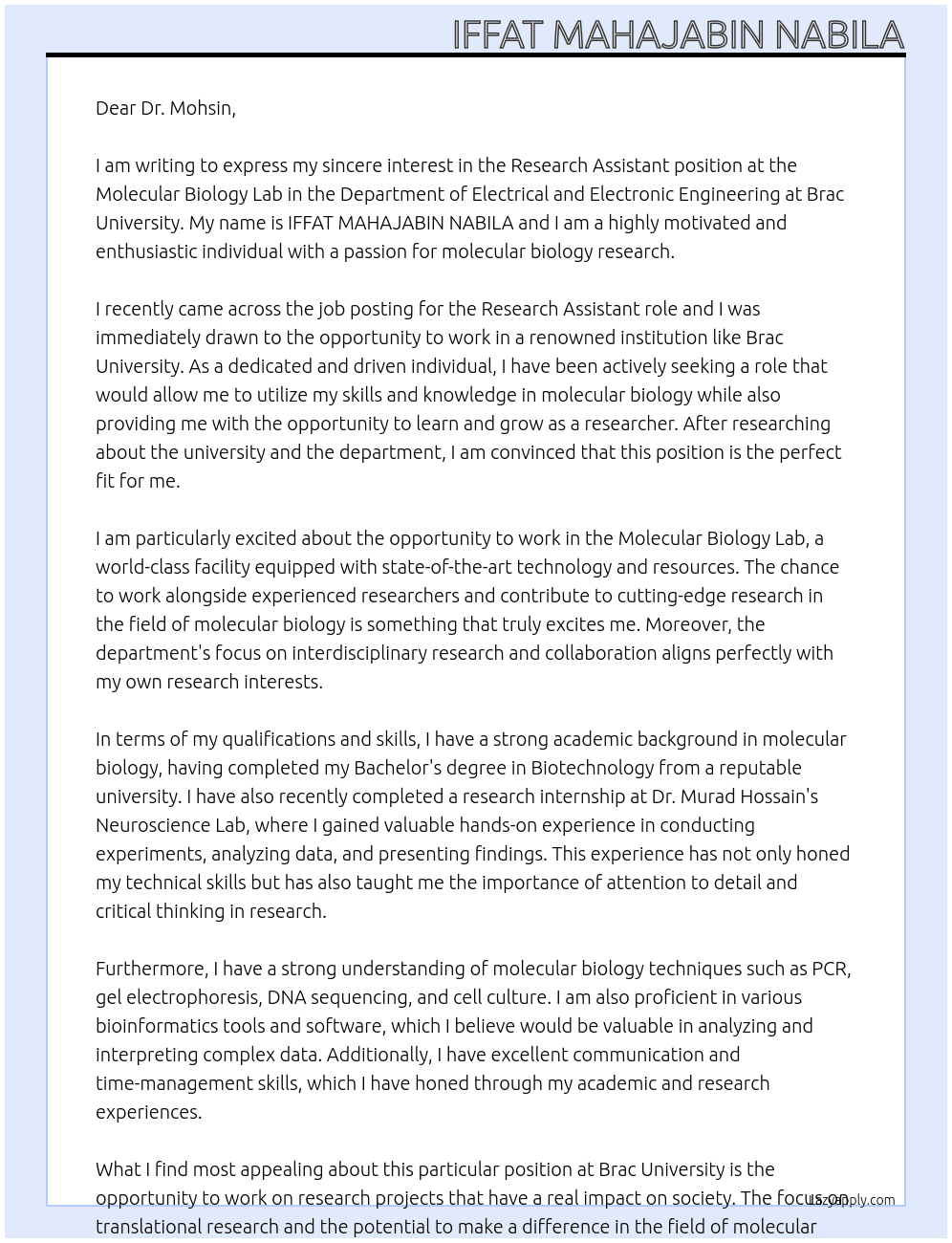 Reaearch assistant at molecular biology lab At Dept. of EEE, Brac University Cover Letter