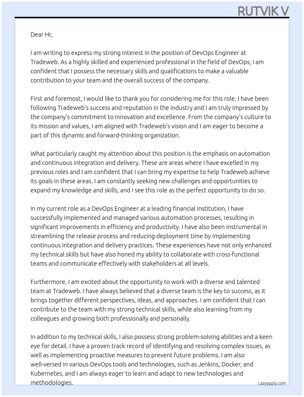 DevOps Engineer At Tradeweb Cover Letter