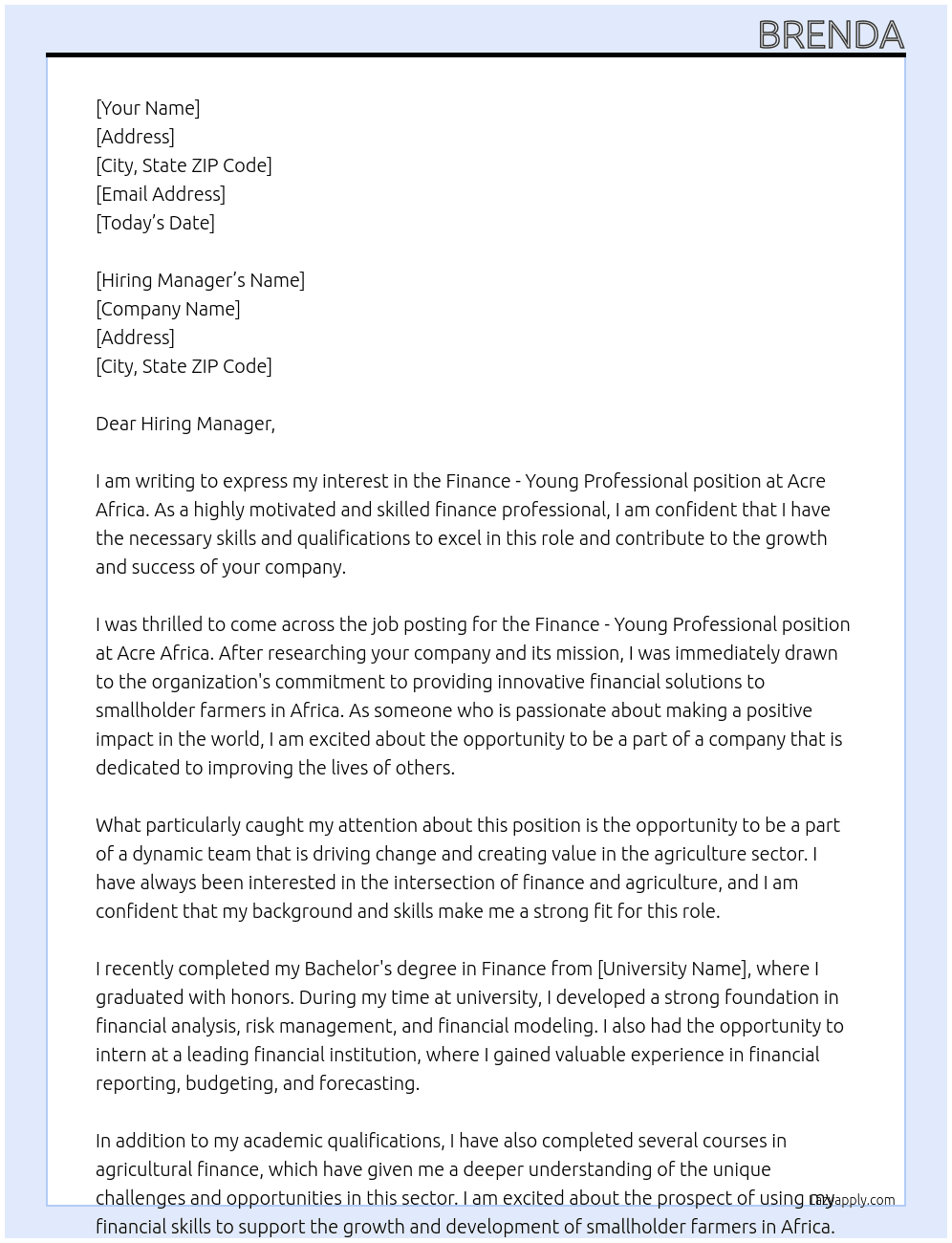 Finance - Young Professional At Acre Africa Cover Letter