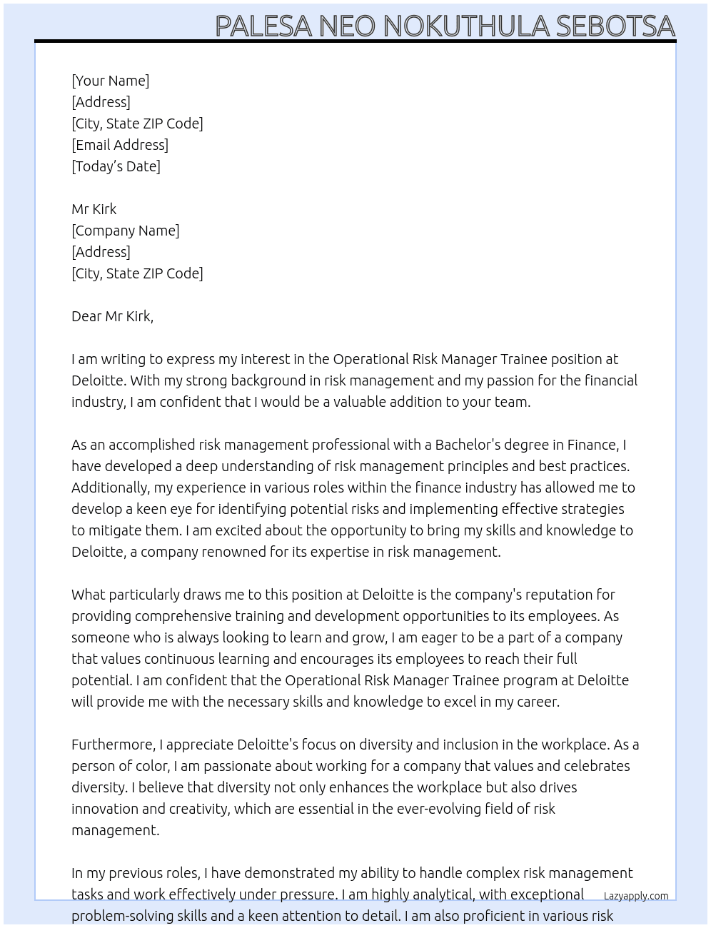Operational Risk manager trainee At delloitte Cover Letter
