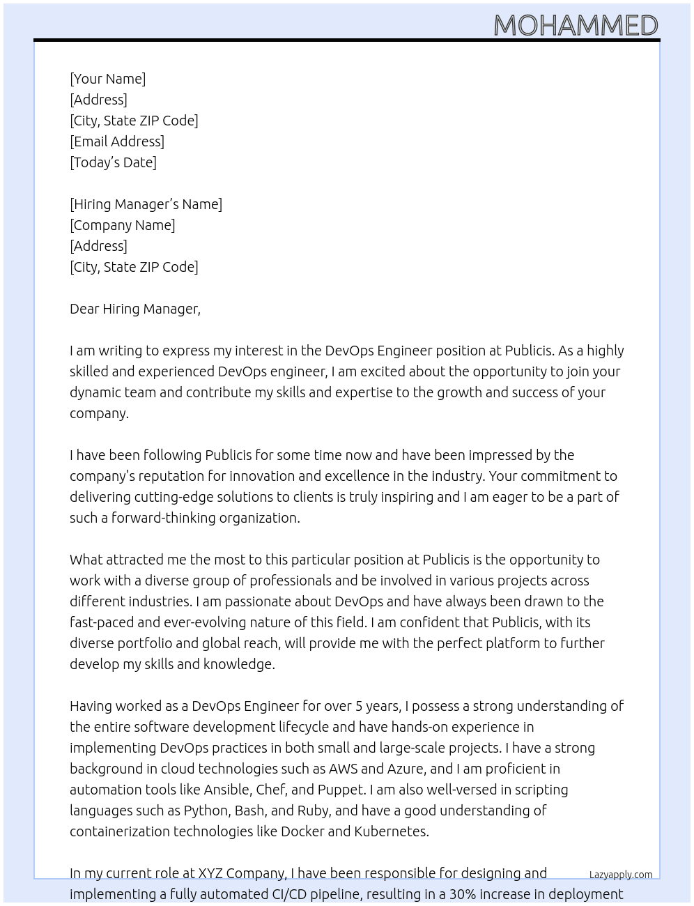 DevOps Engineer At Publicis Cover Letter