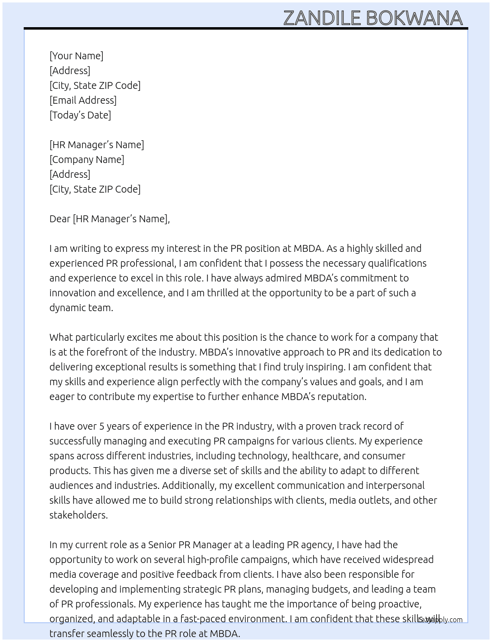 PR At MBDA Cover Letter