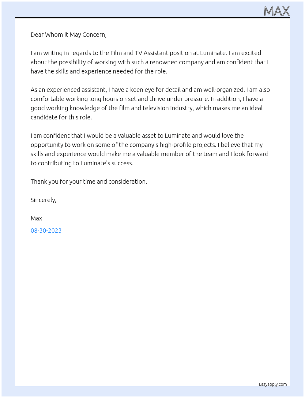 Film and TV Assistant At Luminate Cover Letter