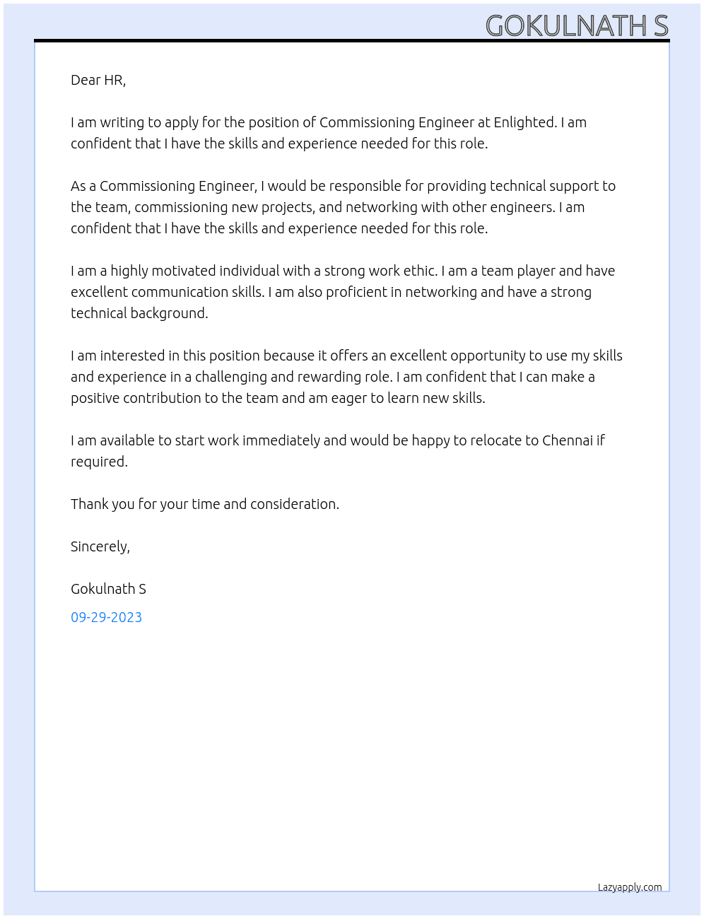 Commissioning Engineer  At Enlighted Cover Letter