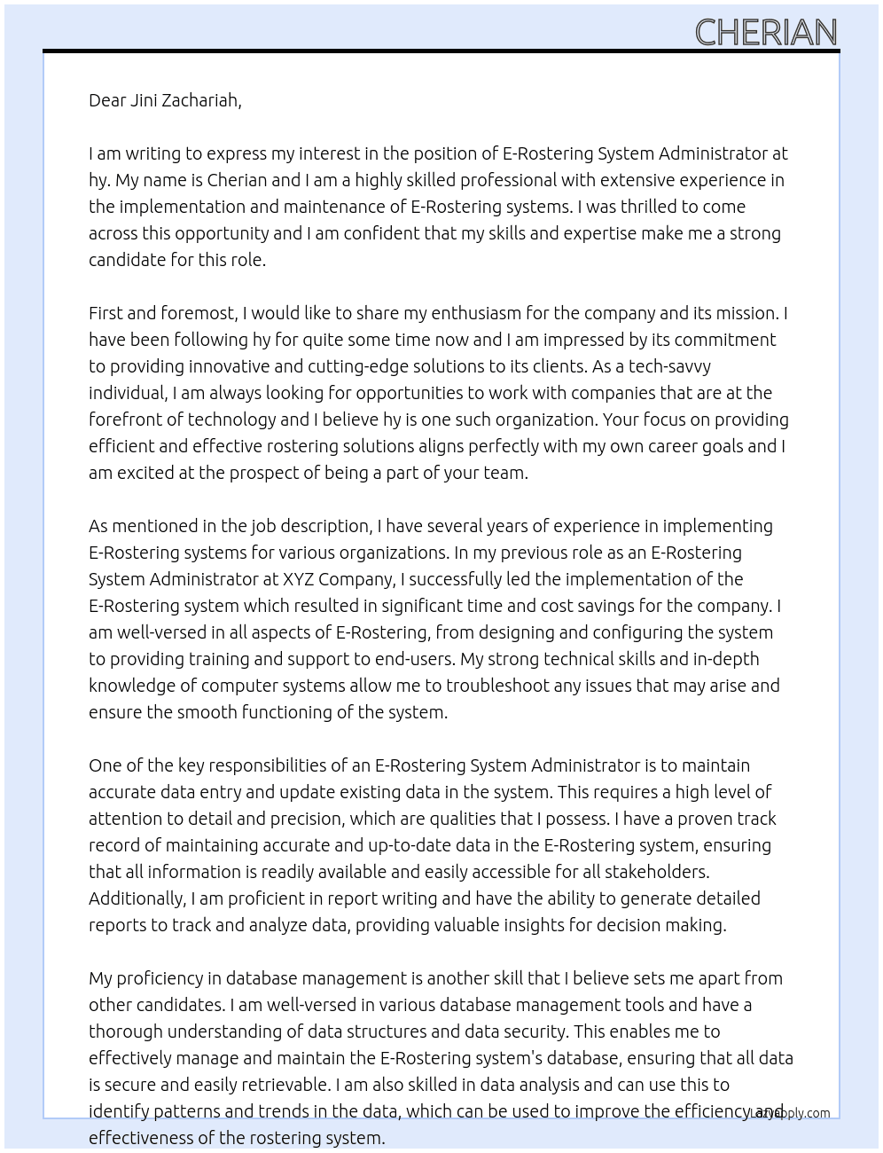 E-Rostering System Administrator At hy Cover Letter