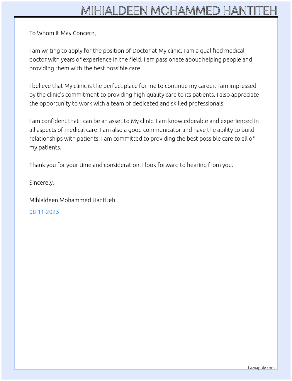Doctor At My clinic Cover Letter