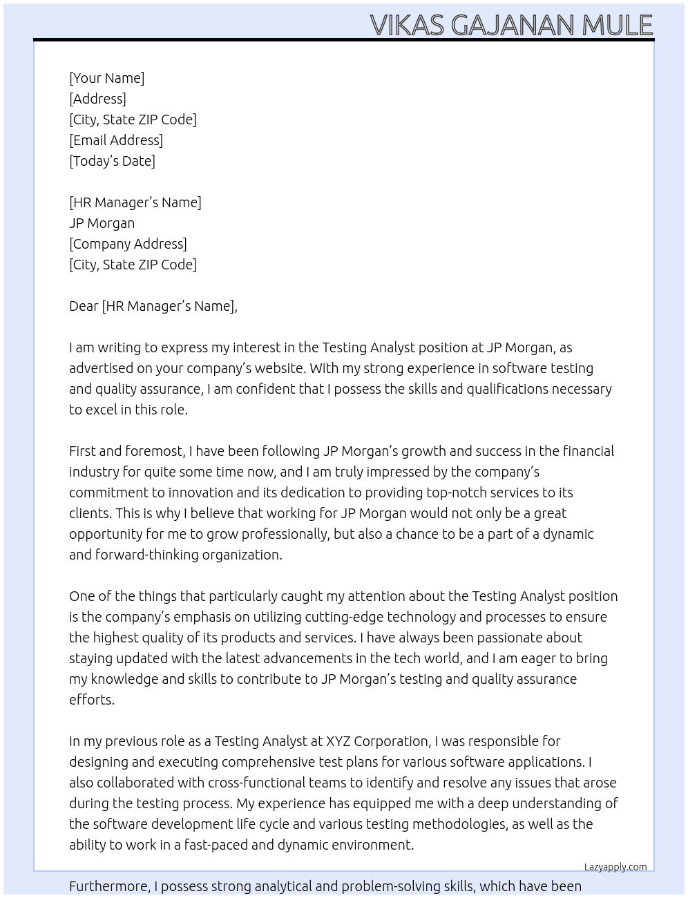 Cover letter for testing analyst - LazyApply