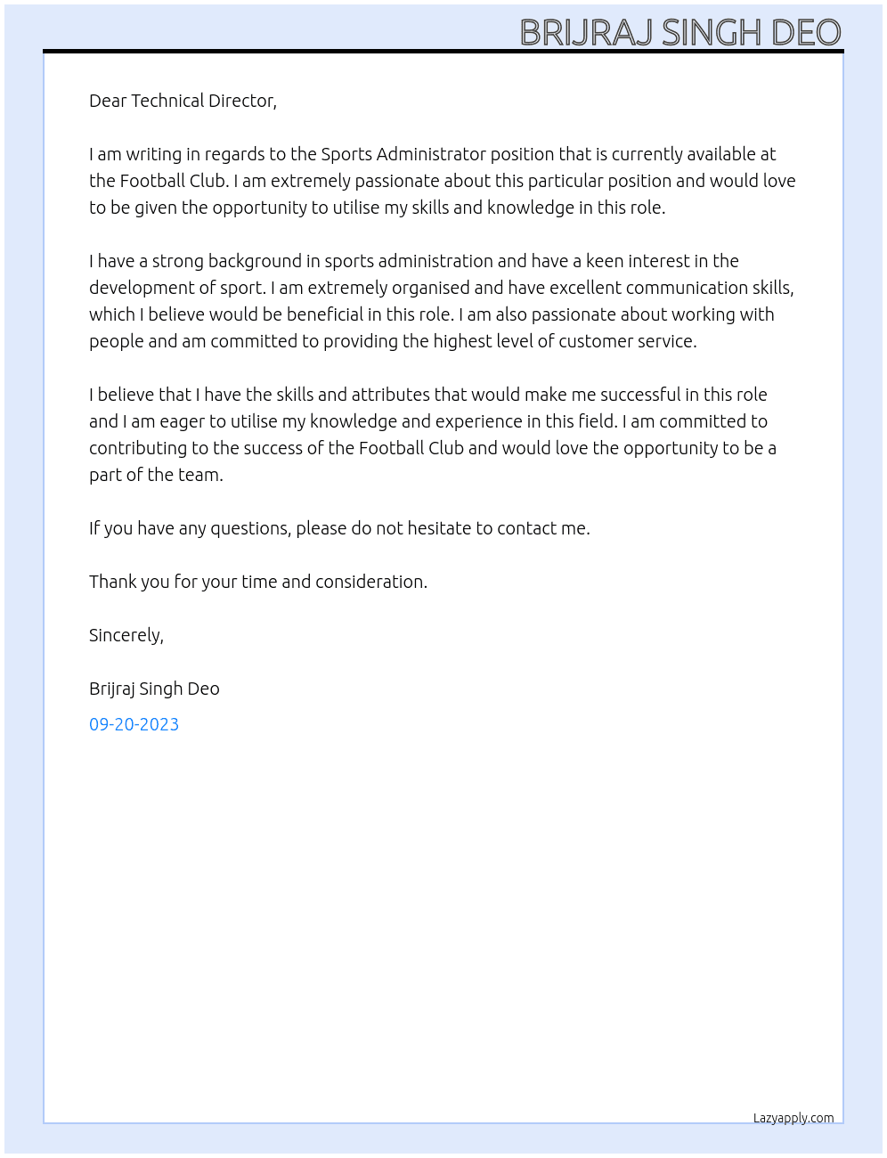 Sports Administrator At Football club Cover Letter