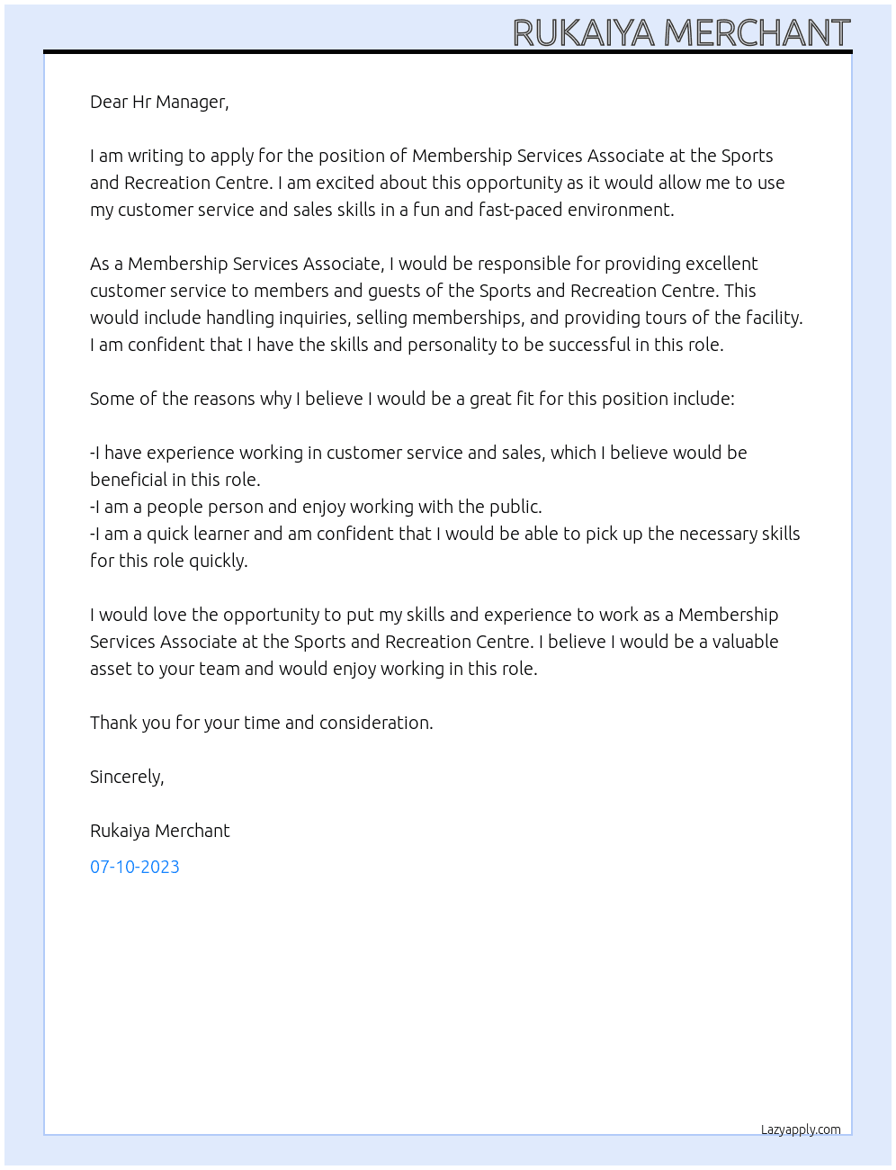 Mmebership services associate At sports and recreation centre Cover Letter