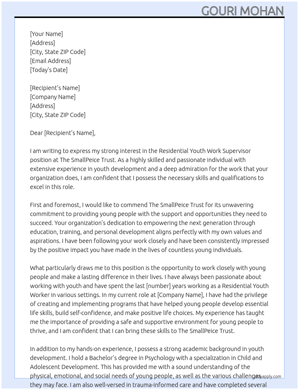 residential youth work supervisor At The SmallPeice Trust Cover Letter
