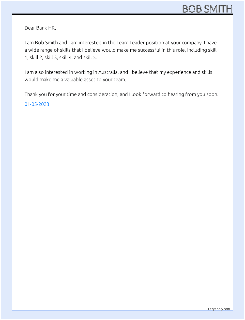 Team Leader At Bank Company Cover Letter