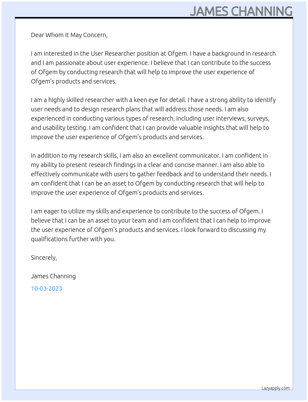 User Researcher At Ofgem Cover Letter