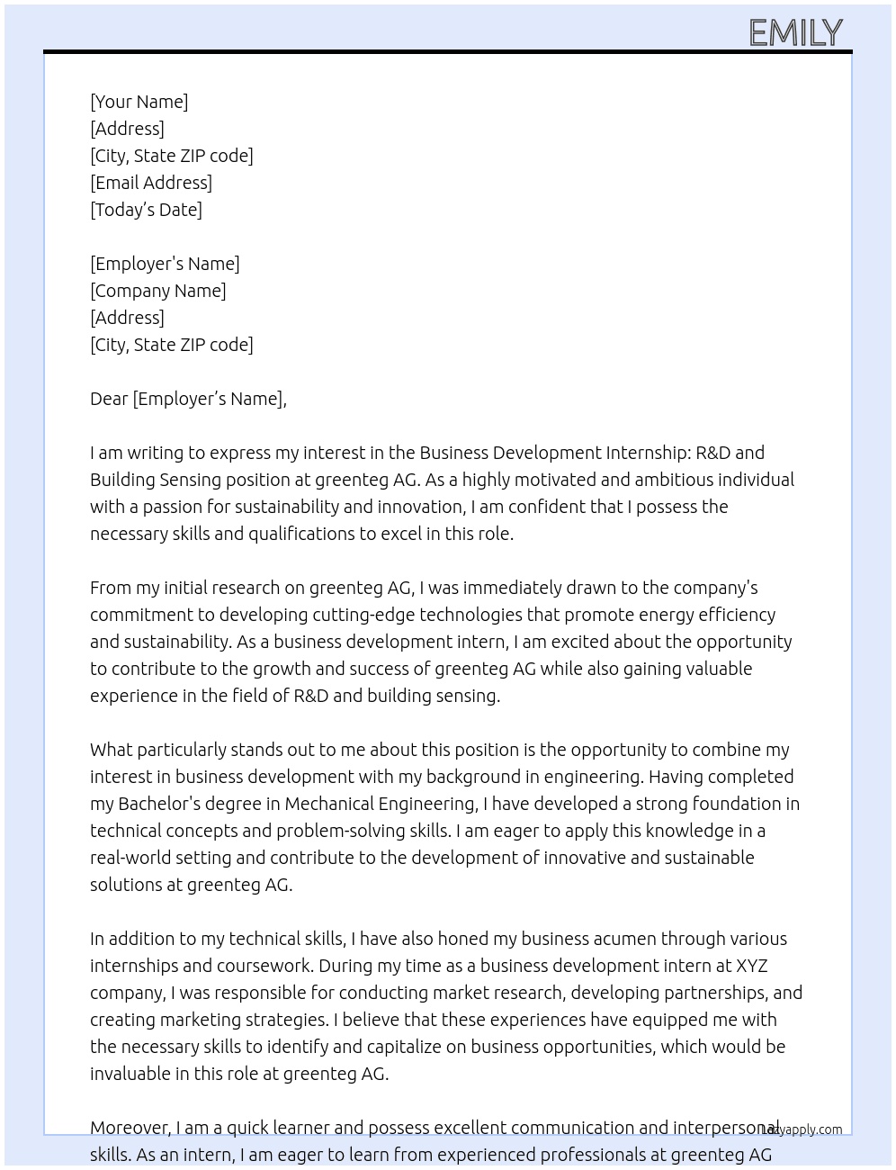 Business Development Internship: R&D and Building Sensing At greenteg AG Cover Letter