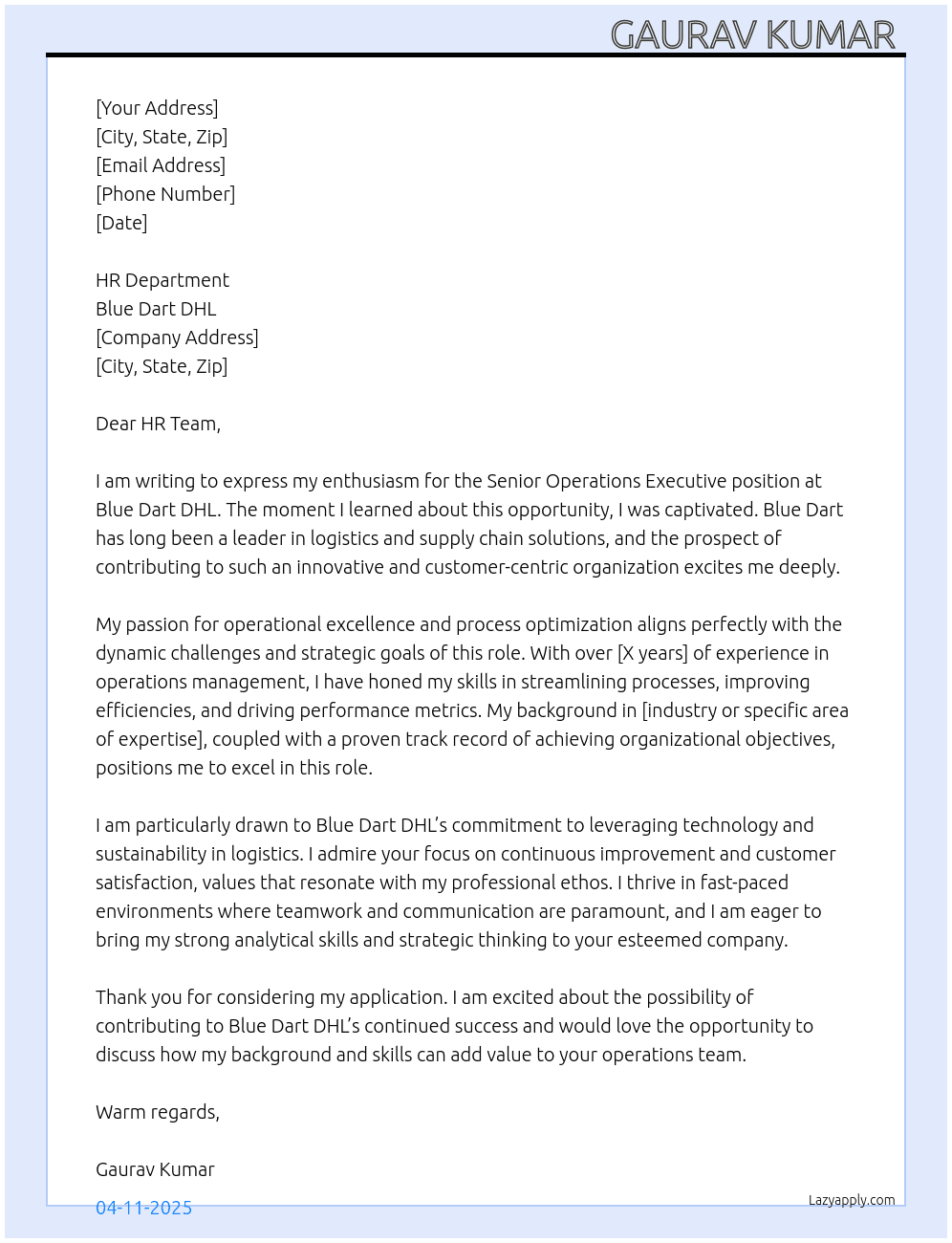 senior operations executive  At Blue dart DHL  Cover Letter