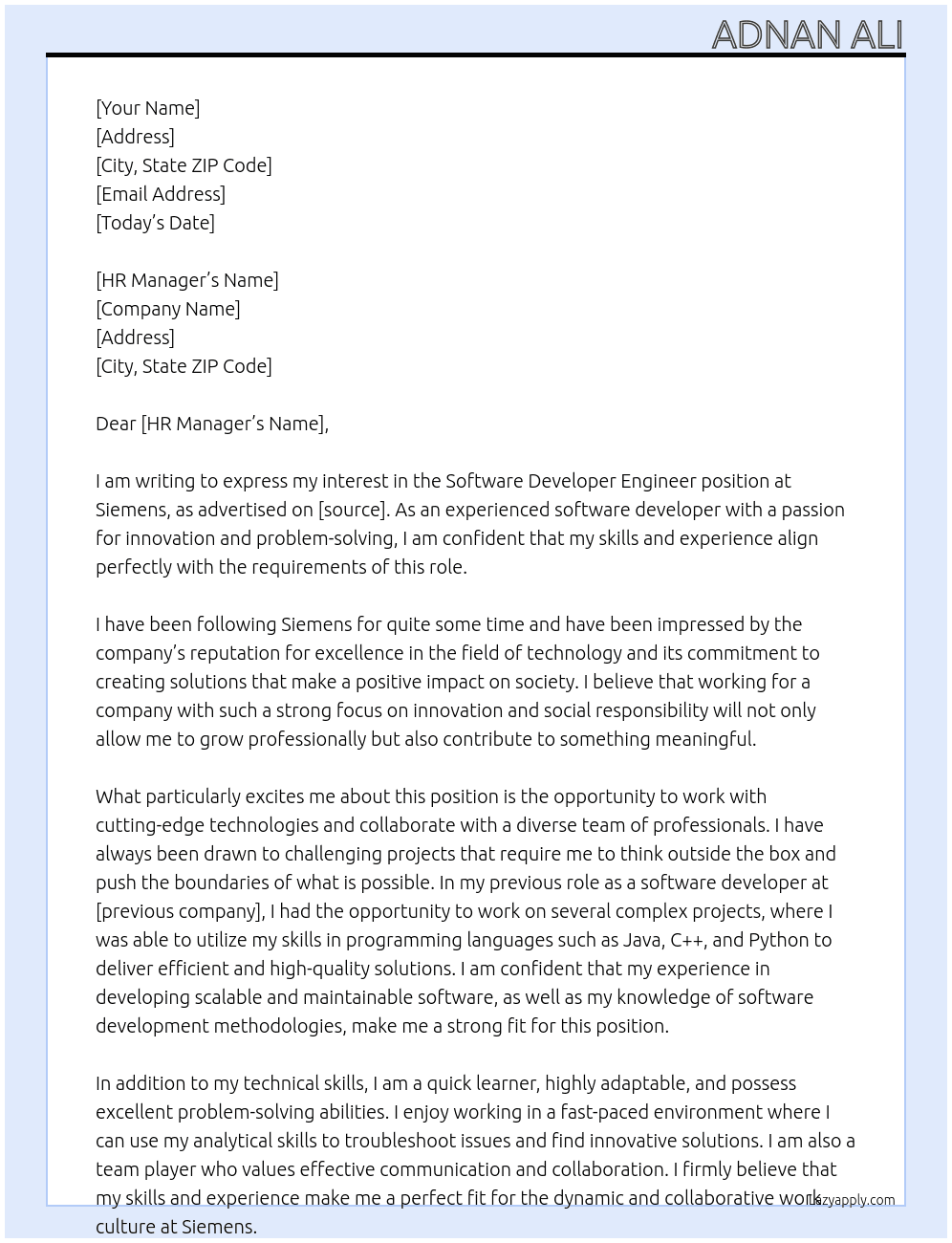 Software developer engineer  At Siemens Cover Letter