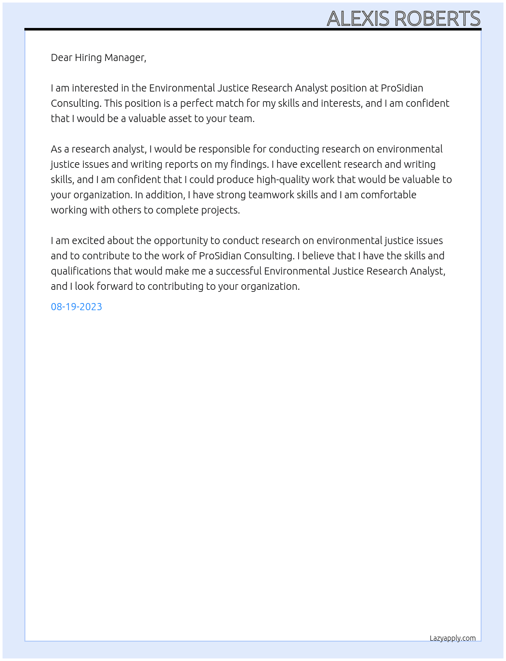 Environmental Justice Research Analyst At ProSidian Consulting Cover Letter