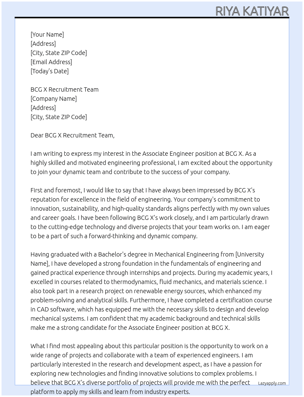 Associate Engineer At BCG X's Cover Letter