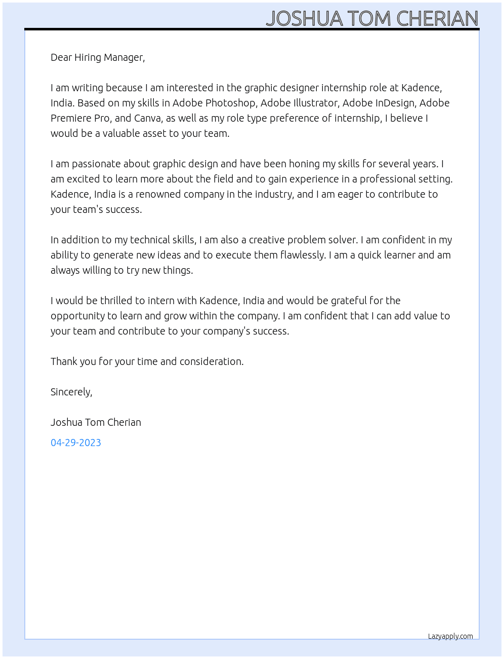 Graphic Designer At Kadence,India Cover Letter