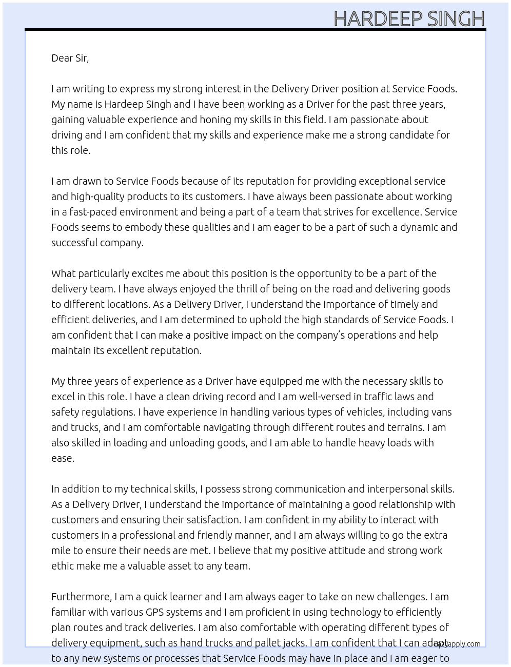 Delivery Driver At Service foods Cover Letter