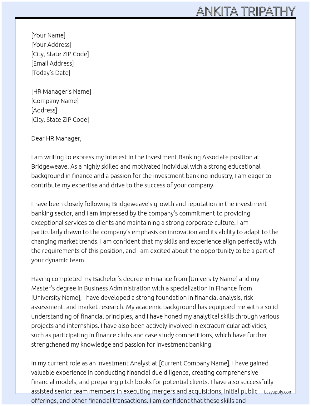 Investment Banking Associate  At Bridgeweave Cover Letter