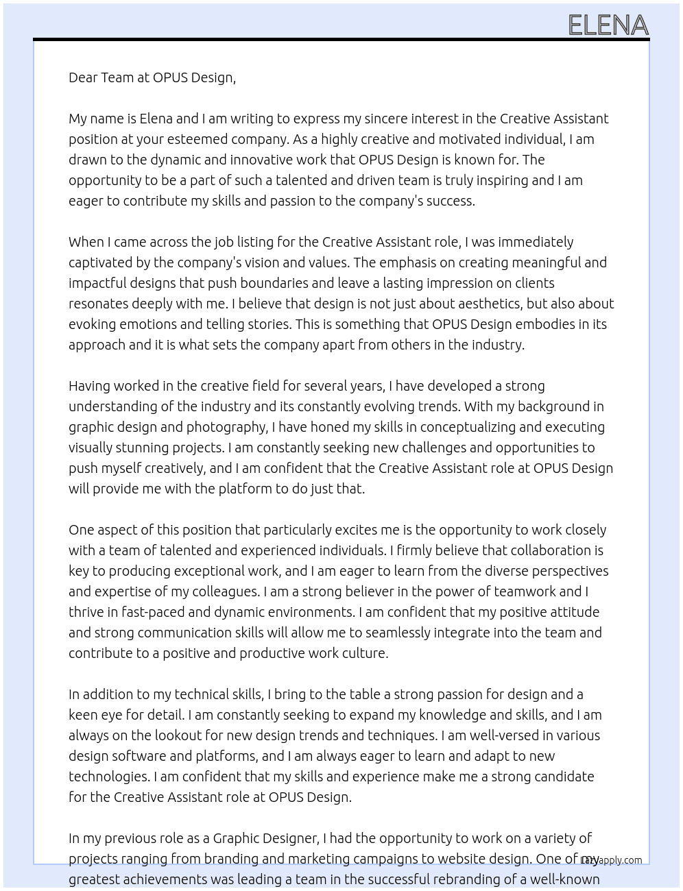 Creative Assistant At OPUS Design Cover Letter