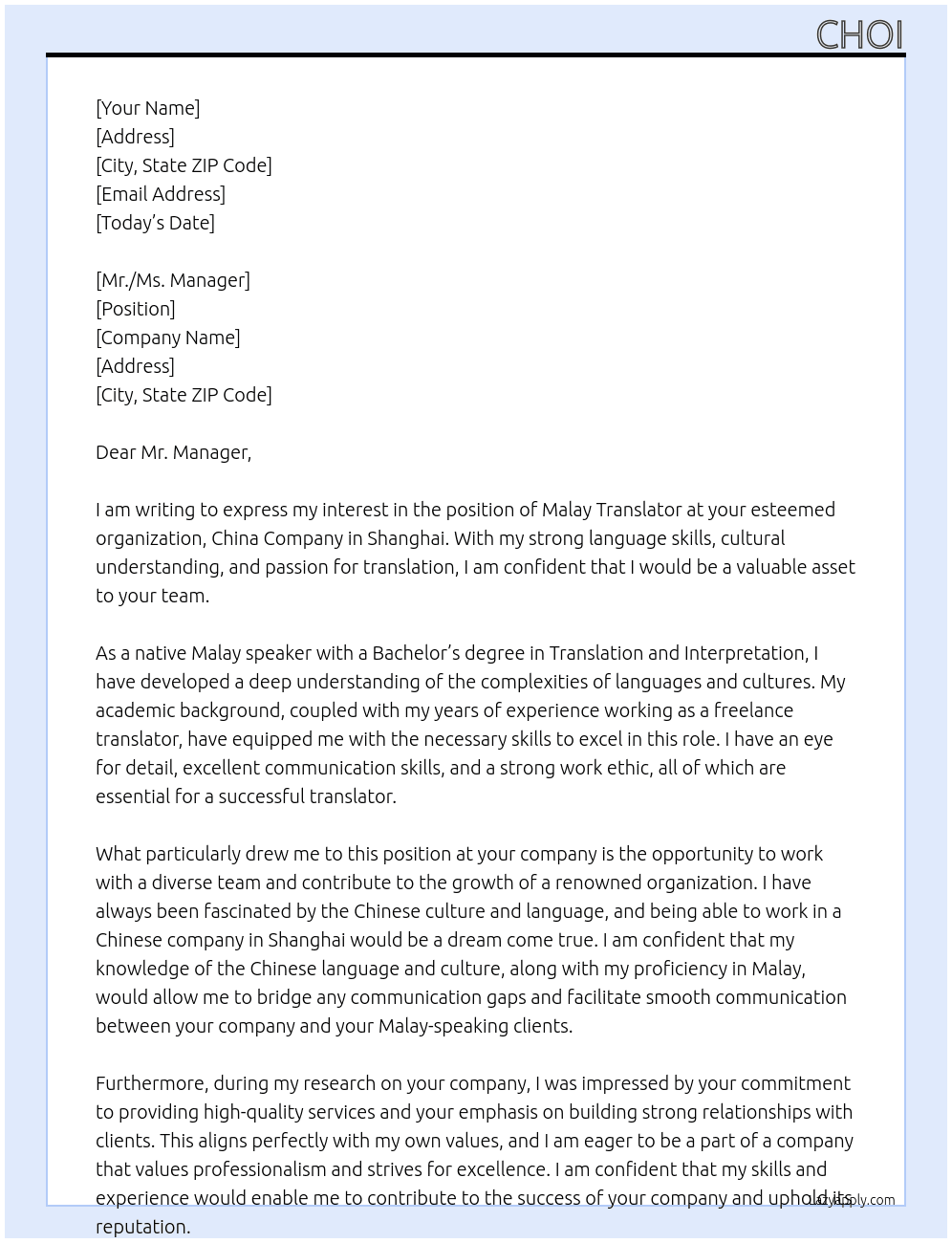 Malay Translator At China company in Shanghai Cover Letter