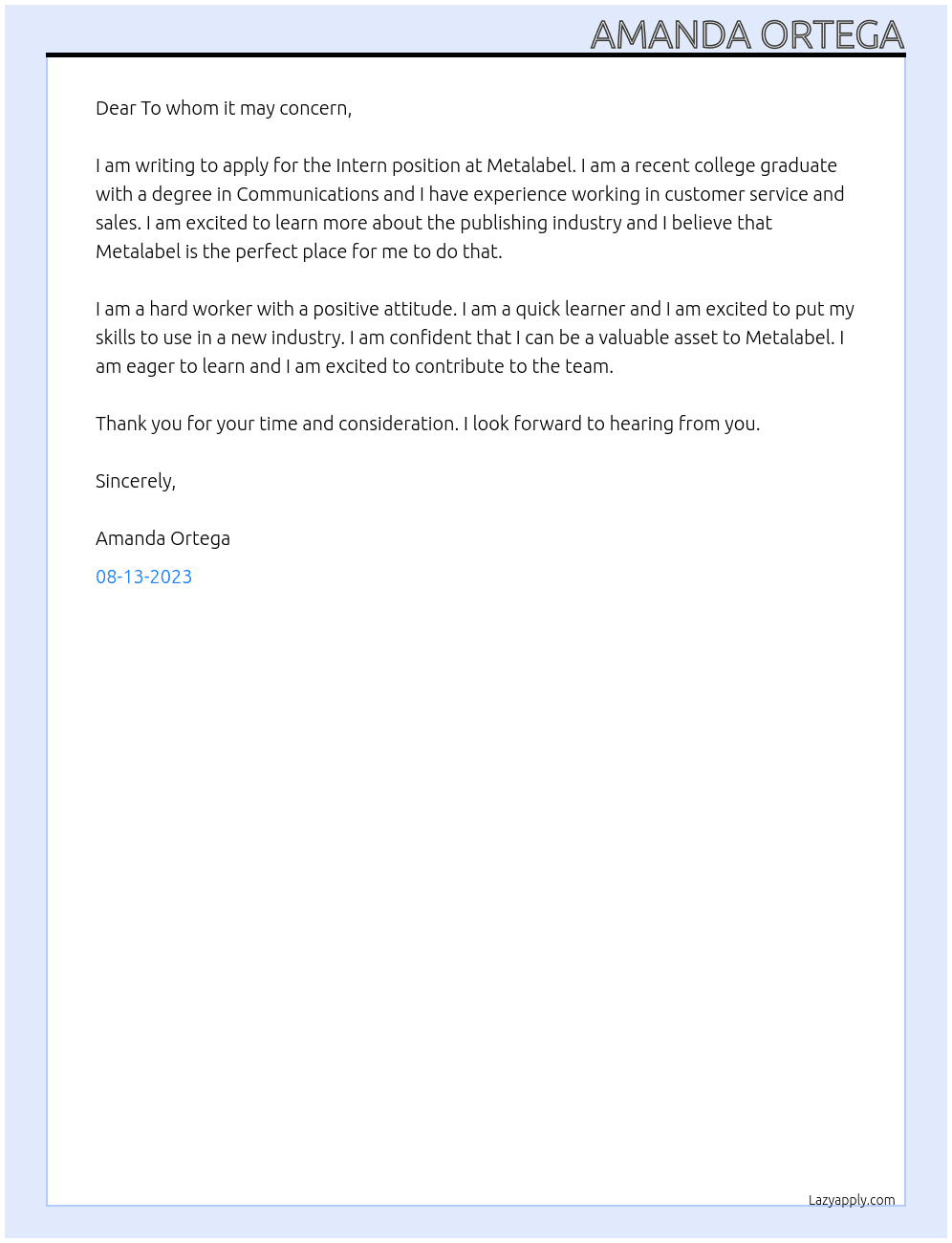 Intern  At Metalabel Cover Letter