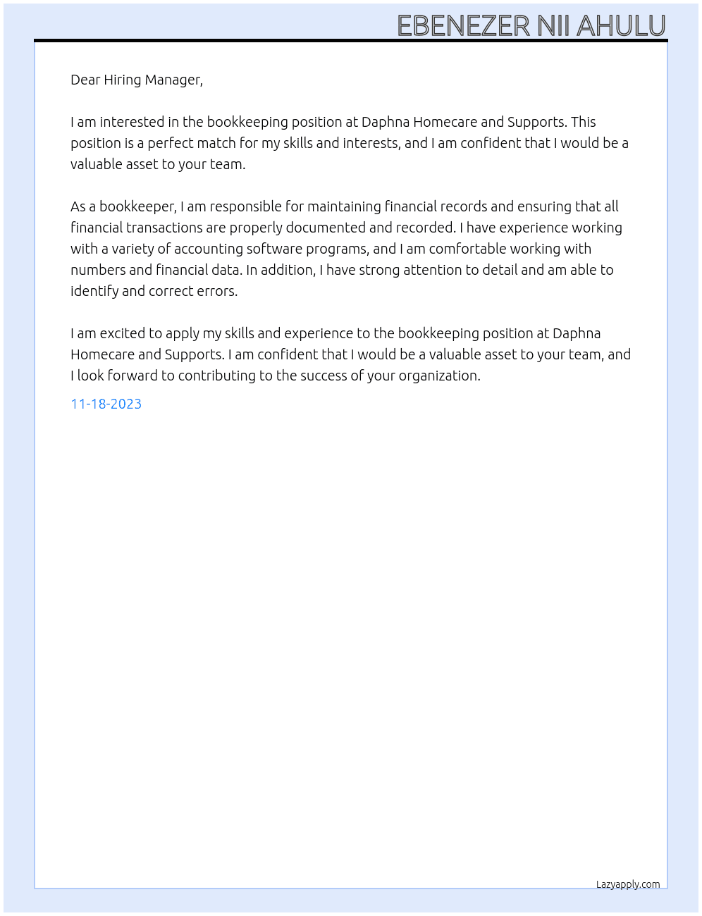 bookkeeping At Daphna Homecare and Supports Cover Letter