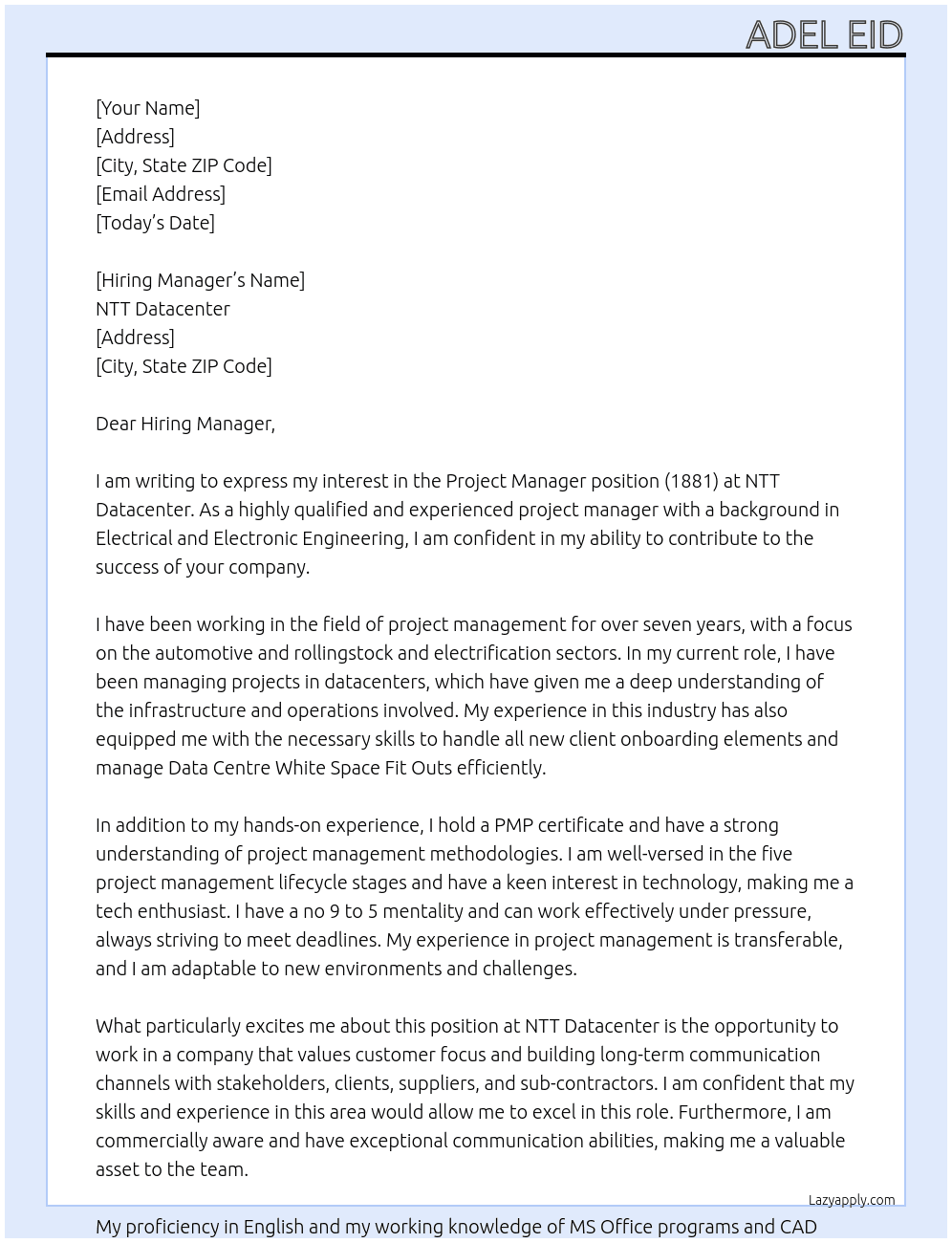 Project Manager (1881) At NTT Datacenter Cover Letter