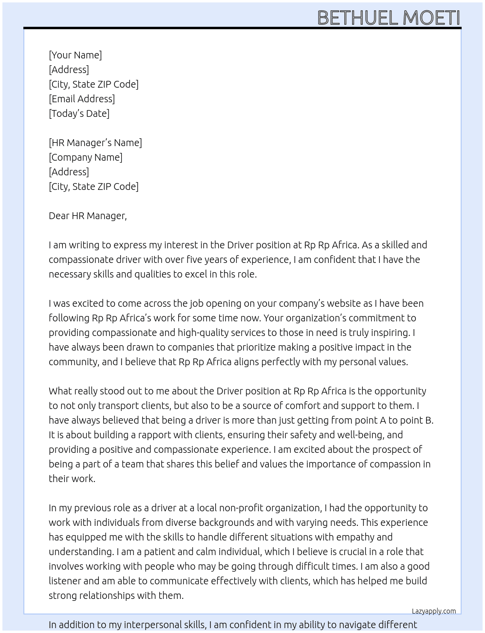 Driver  At Rp Rp Africa  Cover Letter