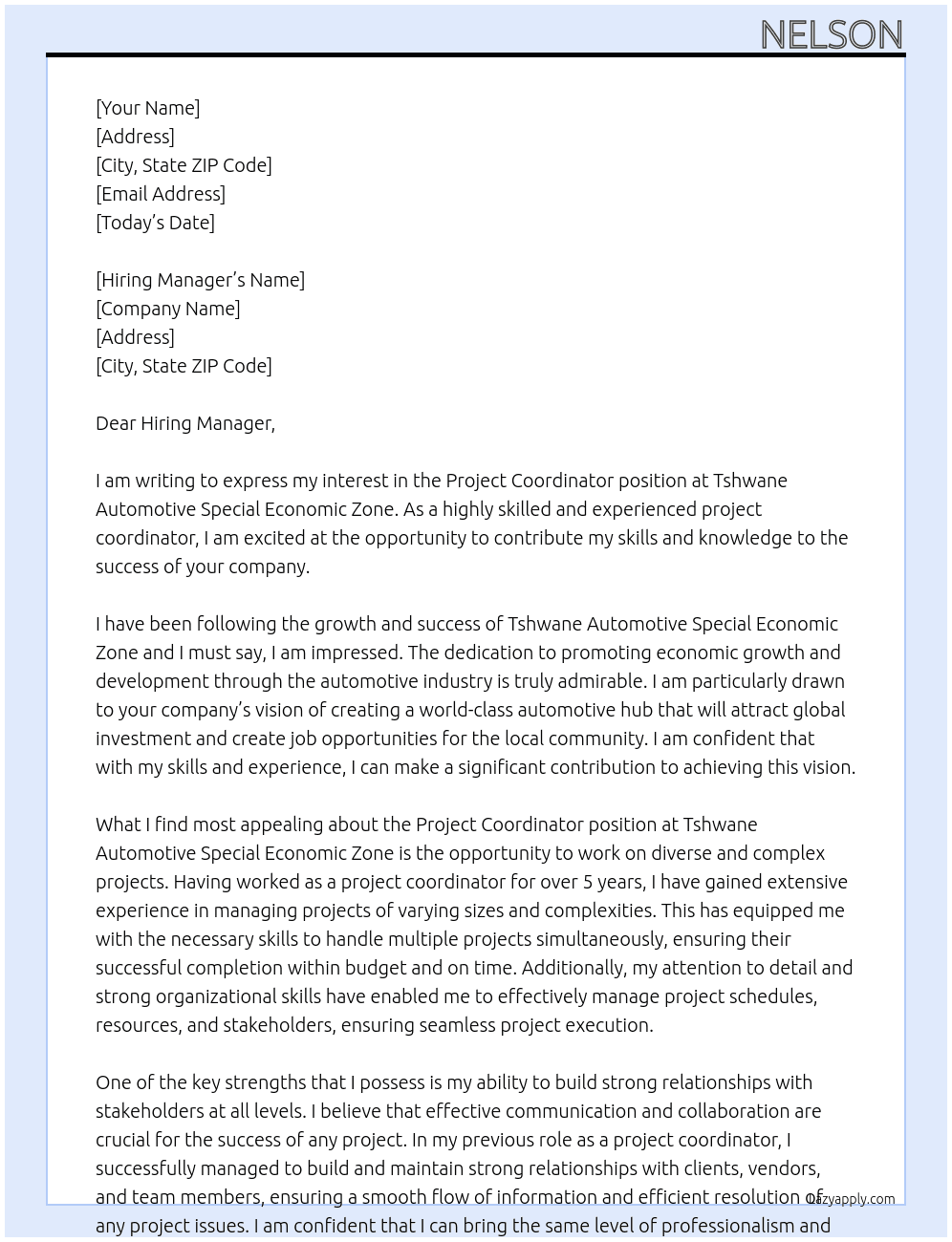 Project Coordinator At Tshwane Automotive Special Economic Zone Cover Letter