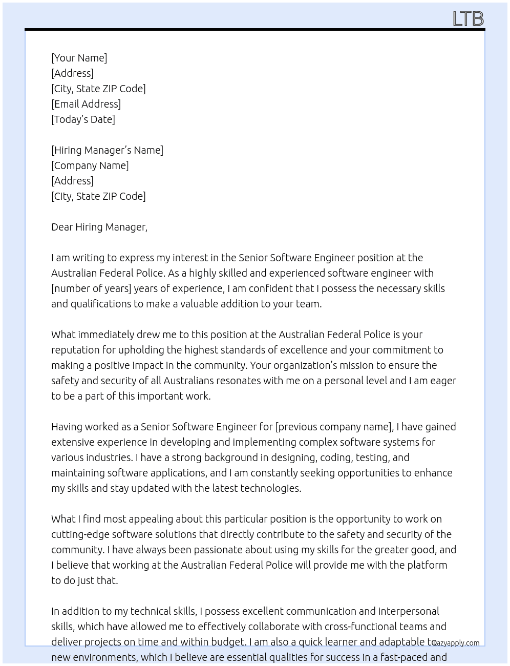 Senior Software Engineer At Australian Federal Police Cover Letter