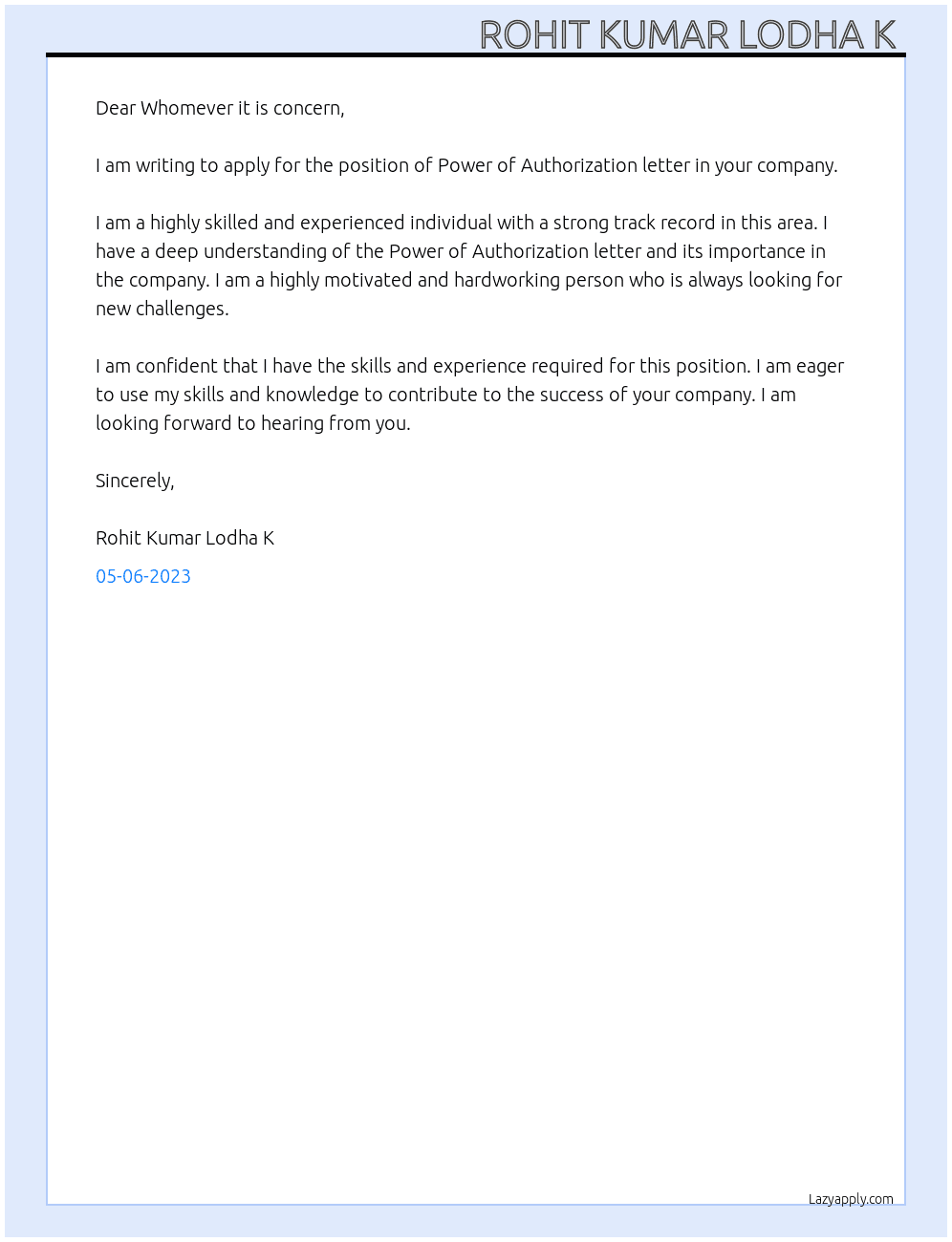 Power of Authorization letter At Whomever it is concern  Cover Letter