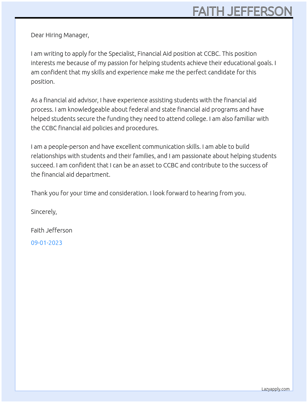 specialist, finacial aid At ccbc Cover Letter