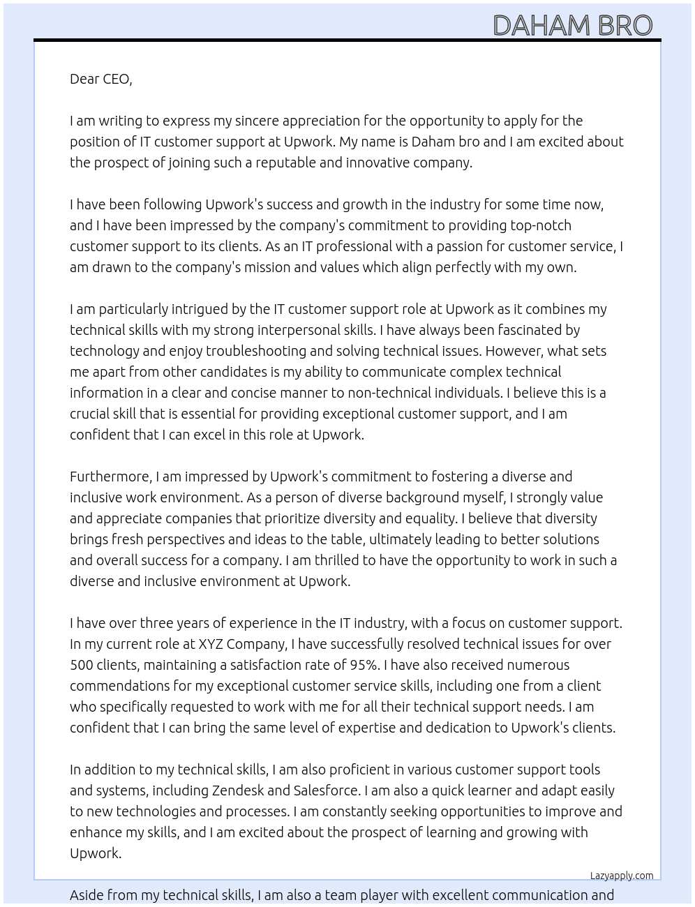 IT customer support At ex Upwork  Cover Letter