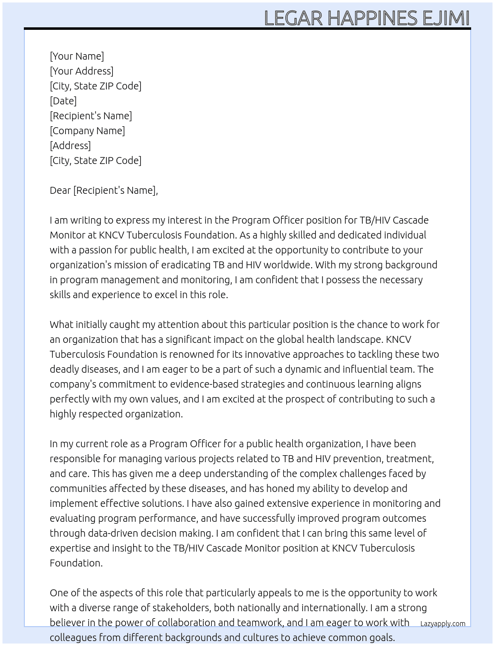 TB/HIV Cascade Monitor At KNCV Tuberculosis Foundation Cover Letter