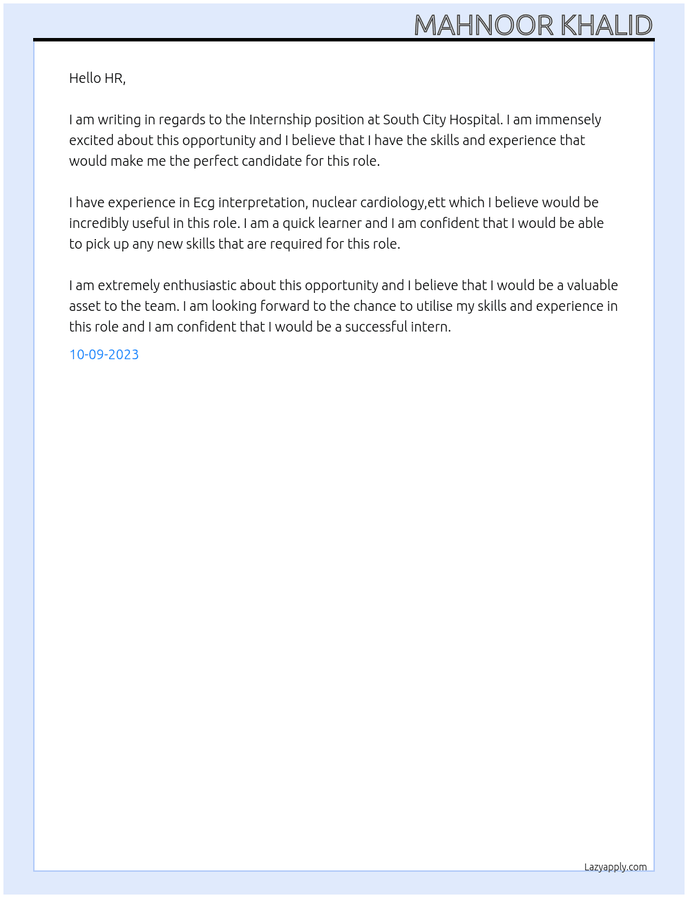 Internship At South City Hospital Cover Letter