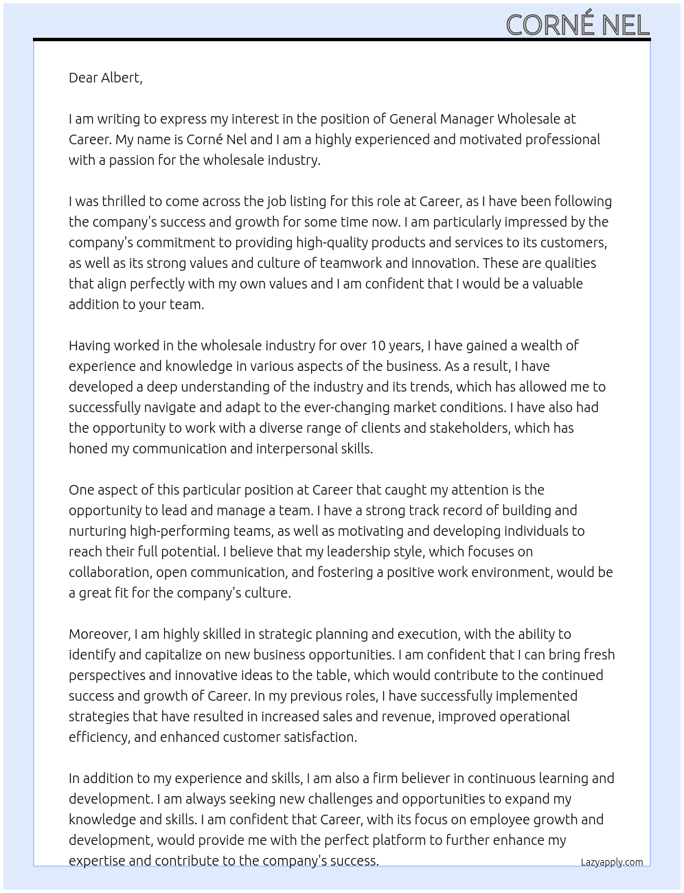 General Manager Wholesale  At career  Cover Letter