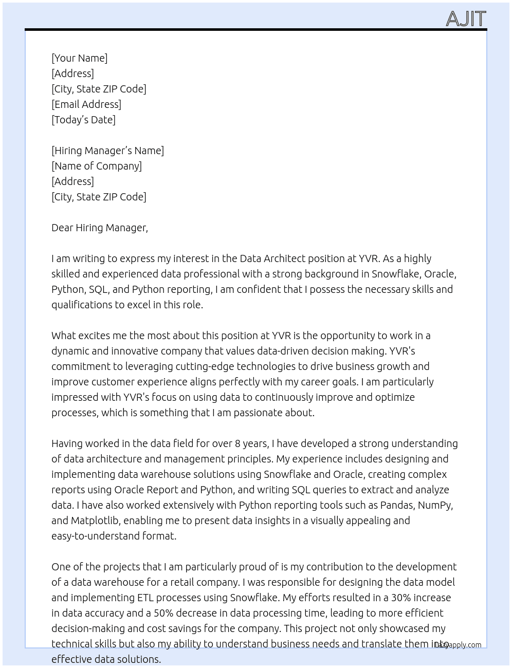 Data Architect At YVR Cover Letter