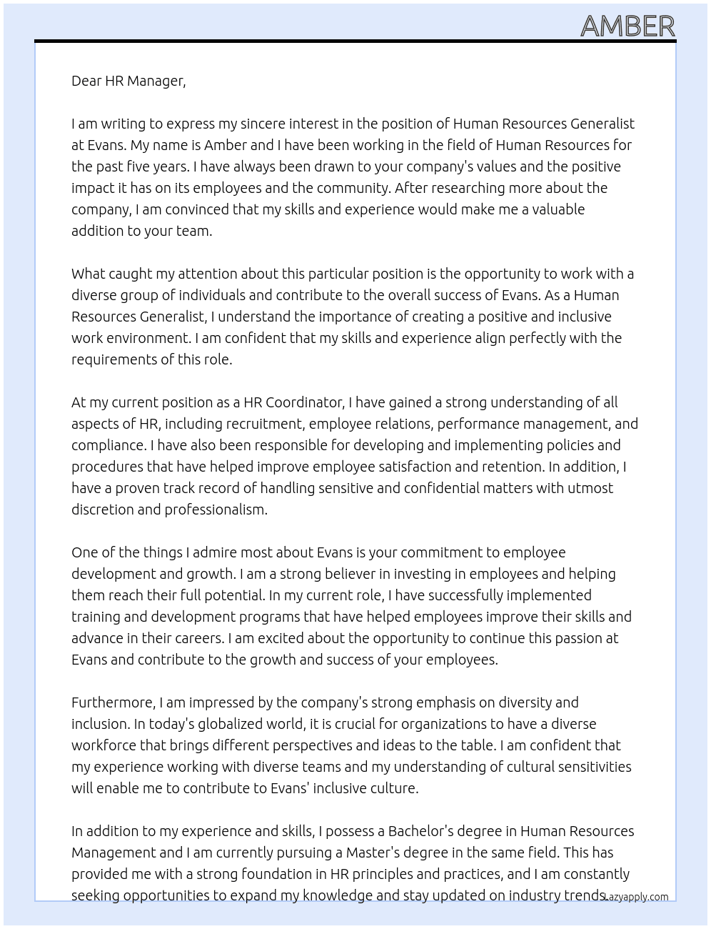 Human Resources Generalist At Evans Cover Letter
