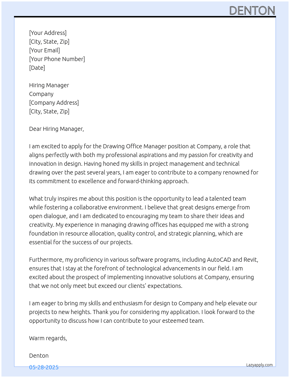 Cover letter for drawing office manager - LazyApply