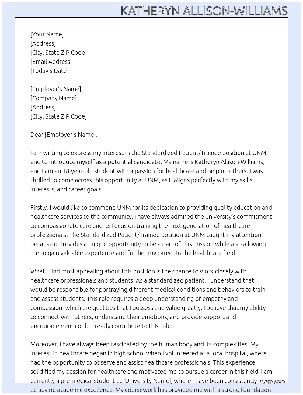 Standardized Patient/Trainee, Age 18-25 At UNM  Cover Letter