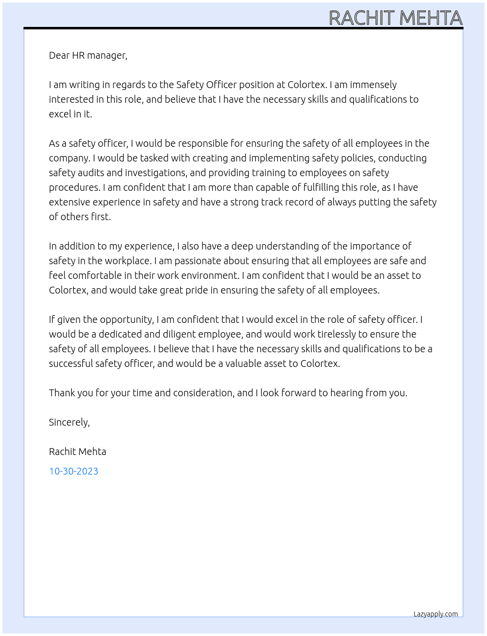 Safety Officer At Colortex  Cover Letter