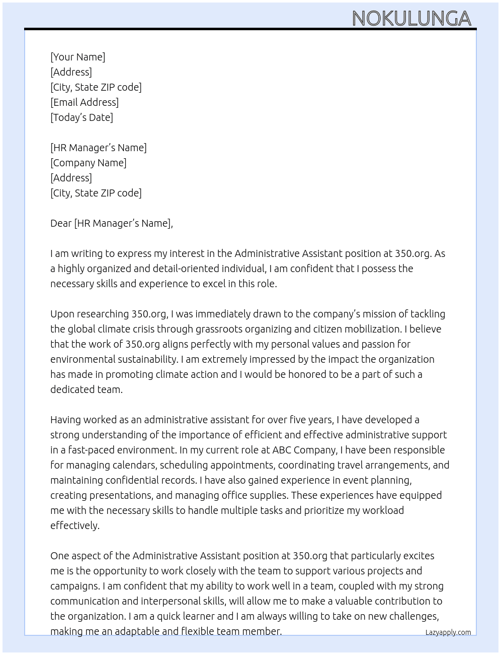 admministrative assistant At 350.org Cover Letter