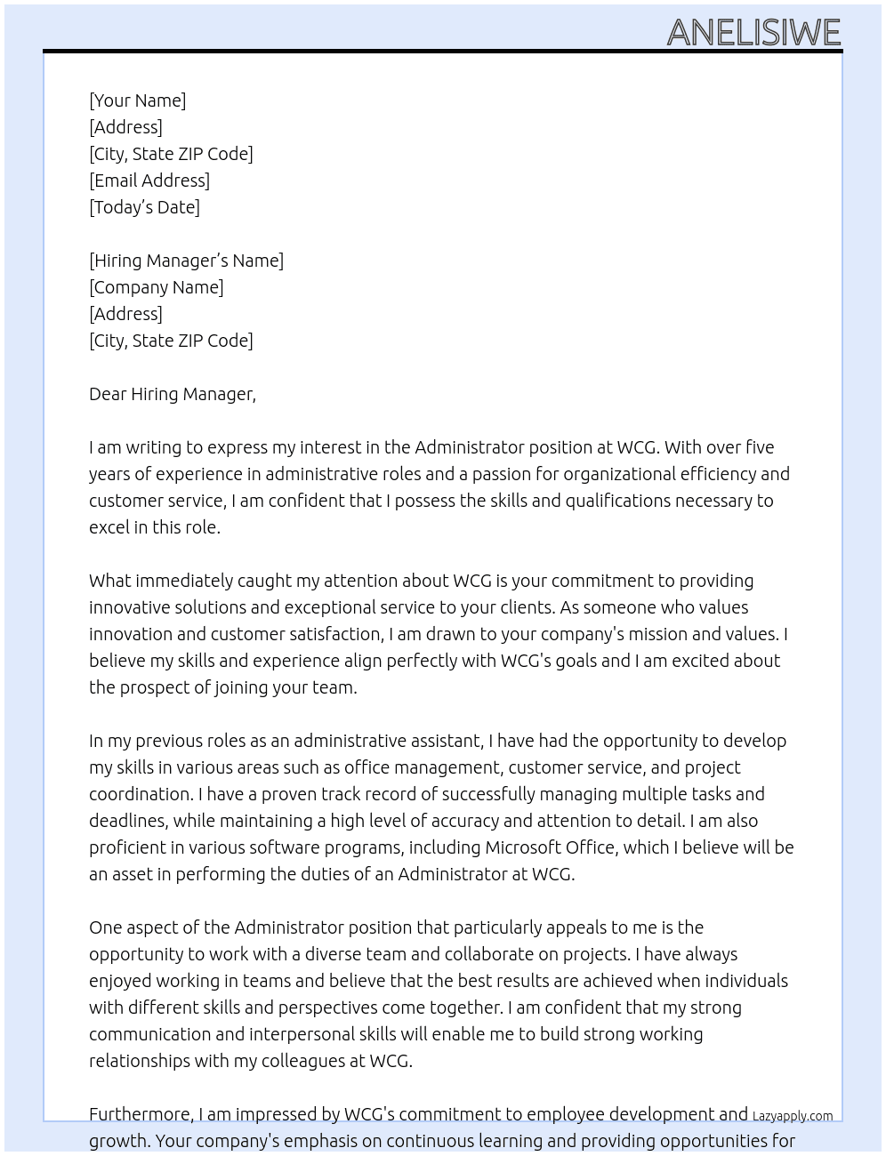 admnistrator  At WCG Cover Letter